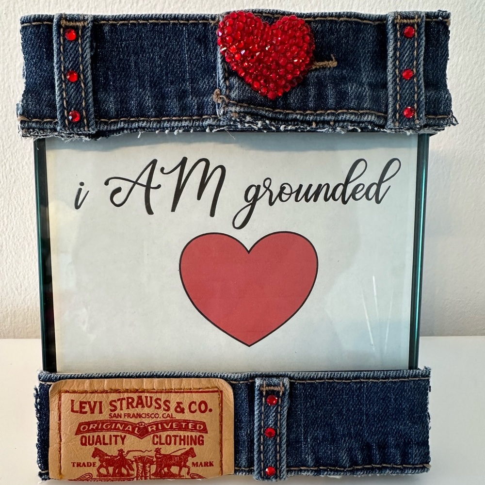 Denim Levi picture frame 4 x 6 red heart Swarovski Crystall wedding Valentine